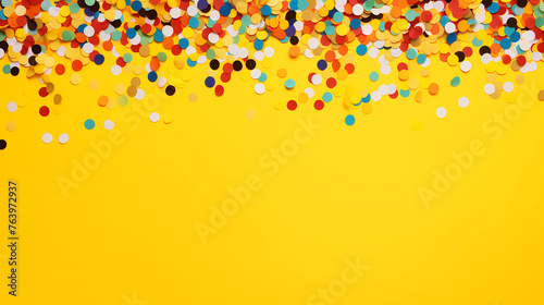Top view copy space yellow background with confetti of various colors.  Party decoration. Frame of colored confetti. Copy space