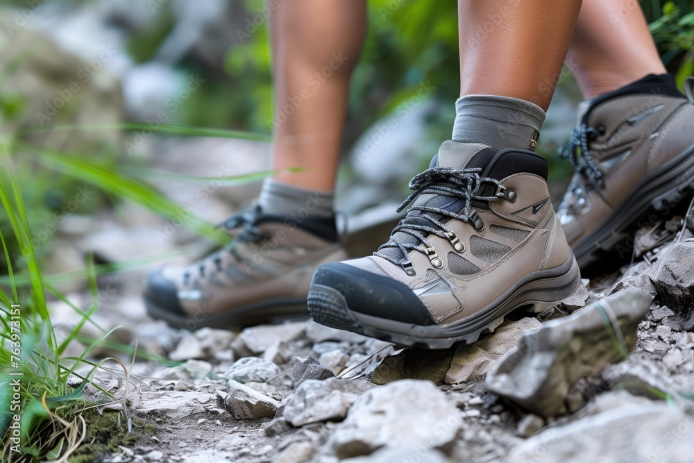 closeup of hikers boots on a rocky trail