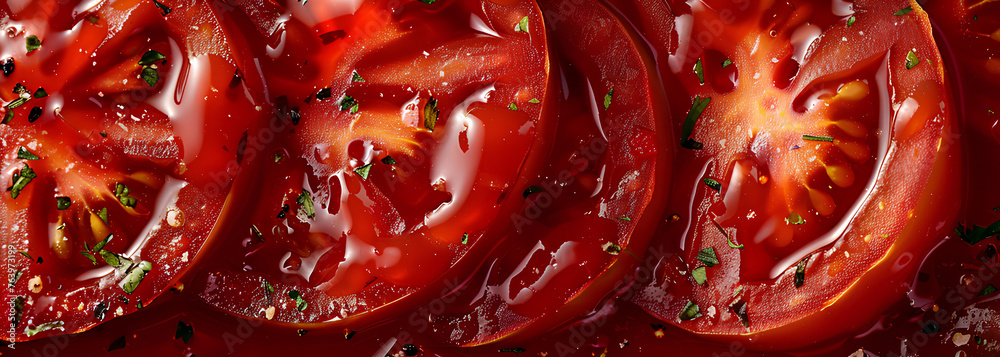 tomato slices in ketchup, zoom in - obrazy, fototapety, plakaty 