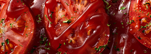 tomato slices in ketchup, zoom in
