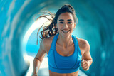 Energetic female runner with hair flowing sprinting in a futuristic tunnel