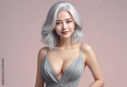 Beautiful asian woman with grey hair and silver dress, studio shot