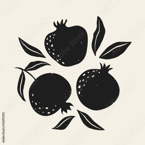 Pomegranate hand drawn vector illustration. Modern print with pomegranate and leaves. Black colors. Design for wallpaper, textile, decor, poster, card.