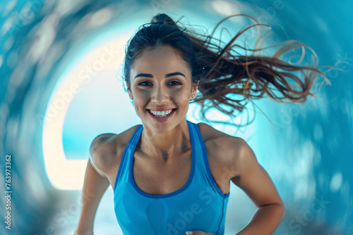 Smiling woman in blue sportswear running in a blue tunnel