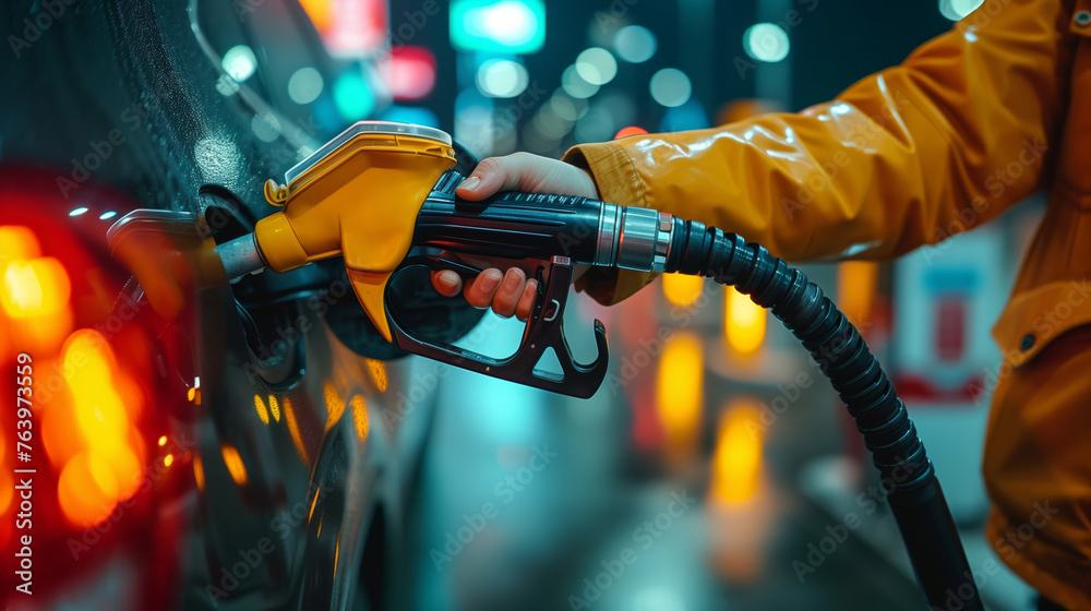 Closeup of a hand holding a Fuel nozzles adding fuel to a car.