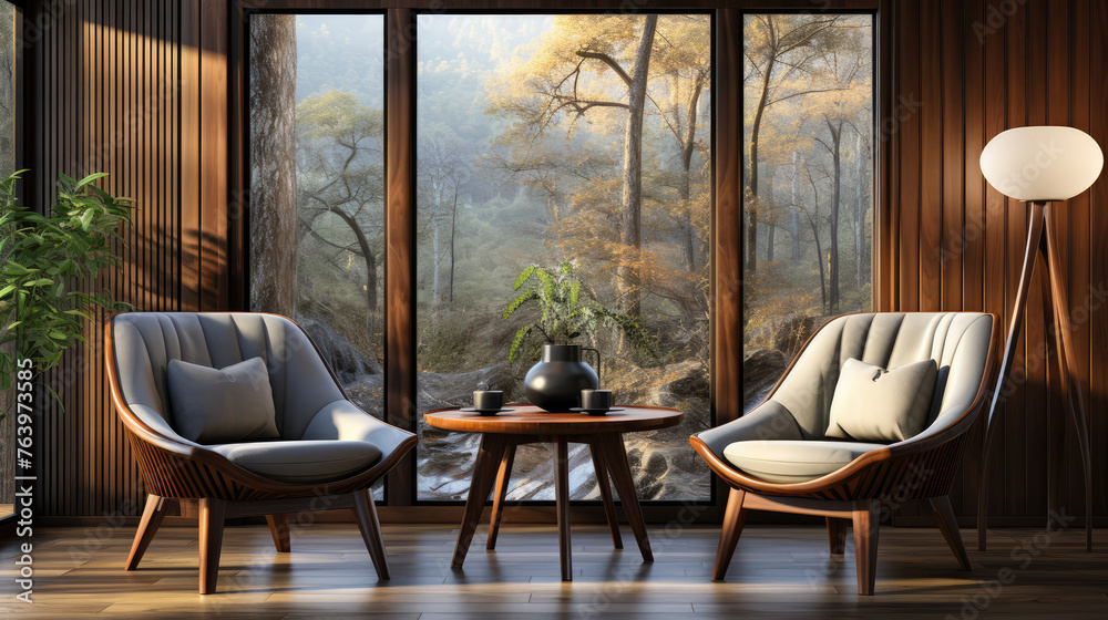 Obraz premium Two barrel chairs and round wooden coffee table against window near paneling wall and curtain. Mid-century home interior design of modern living room. Generative AI