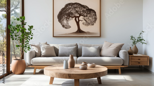 Round coffee table near grey sofa against white wall with art frame. Scandinavian home interior design of modern living room Generative AI