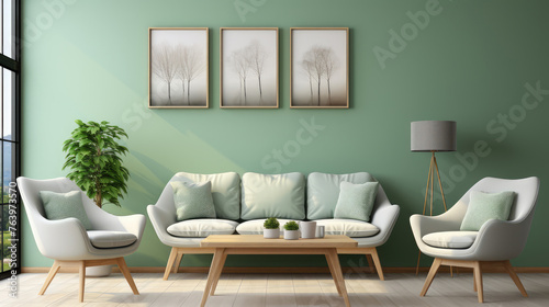 Sofa and chairs near wooden table against window. Scandinavian style interior design of modern dining room with pastel green wall with frames. Generative AI