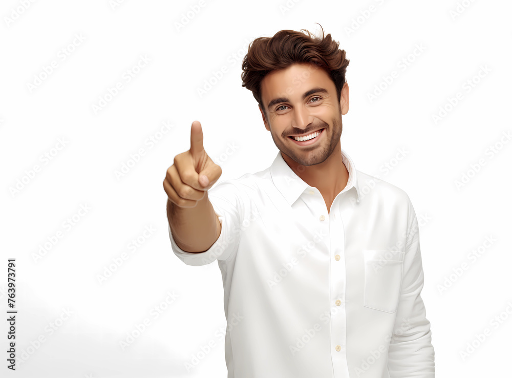 life style and people concept: Happy handsome man wearing white shirt with one hand up and finger pointing over isolated background. Studio shot on a white background life style and people concept: Happy handsome man wearing white shirt with one hand up and finger pointing over isolated background. Studio shot on a white background