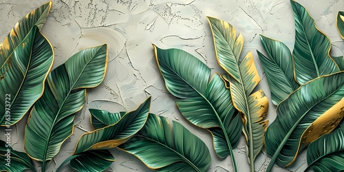 Gold foiled stramp Painting  features  Vintage Boho style tropical foliage Garden dark green and gold tone color , artwork for wall art, home decor and background  photo