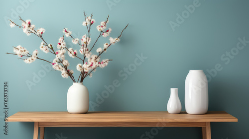 Wood side table, vase with twigs near big empty frame mock up poster with copy space against blue wall. Scandinavian home interior design of modern living room. Generative AI © Fang