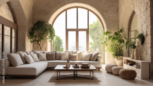 Mediterranean home interior design of modern living room. Curved sofa in room with arched window and stone tiled wall. Generative AI