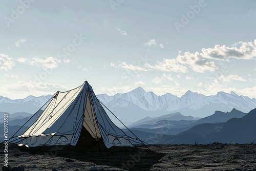 Tent in the desert against the backdrop of mountains