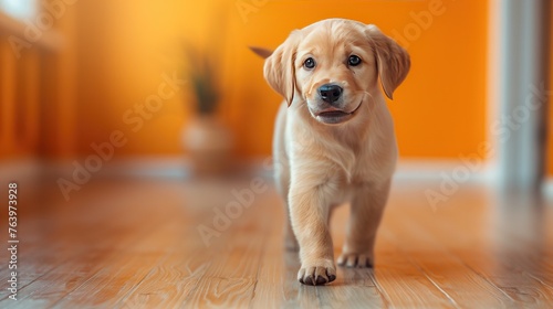Labrador Retriever puppy standing on the floor at home. orange background. generative AI