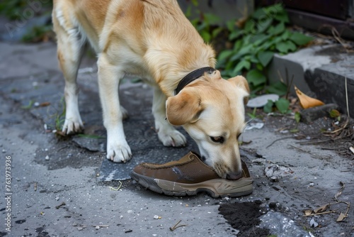 dog sniffing shoe in park alley photo