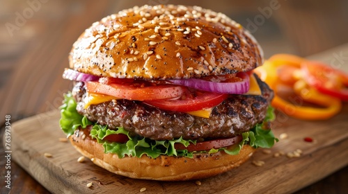 Juicy hamburger with fresh lettuce, tomato, cheese, and exotic fruit toppings