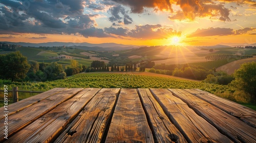 empty wooden table with a view of the Vineyard in Tuscany, Italy. Wine grapes growing on vineyards at sunset. generative AI photo