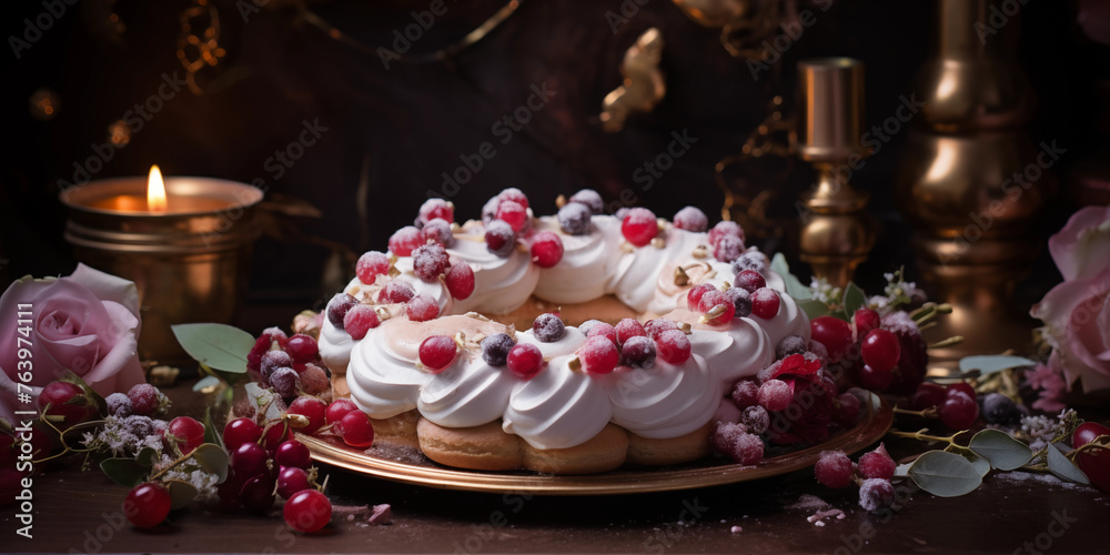 Pavlova cake wreath of french meringue. Dessert, sweets.