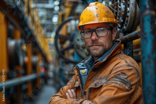 Portrait of a Caucasian male engineer in a hardhat and protective glasses standing in an industrial enterprise. generative Ai