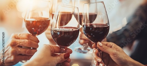 Friends raising glasses of red wine at outdoor summer party to toast and celebrate together