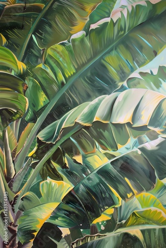 Realistic oil Painting features Vintage Boho style tropical banana trees , artwork for wall art, home decor and background 