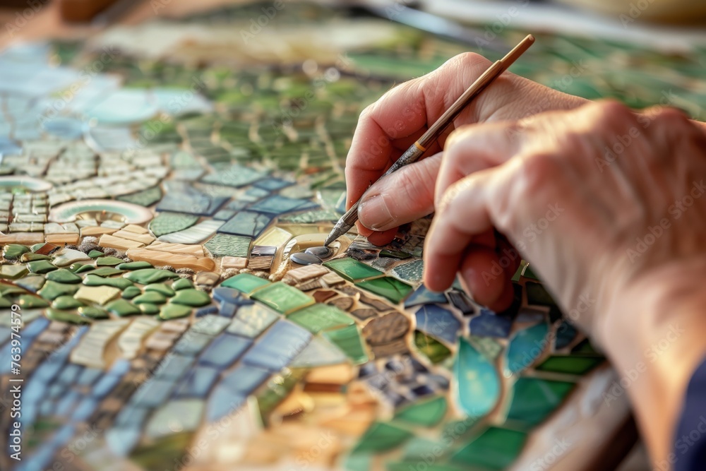 close view of a person piecing together a natureinspired mosaic close view of a person piecing together a natureinspired mosaic