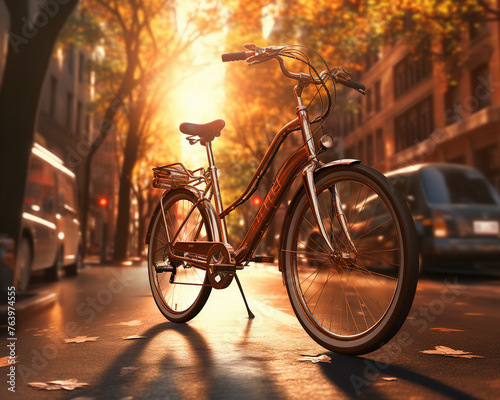 Eco-friendly bicycle, urban pollution, bustling city street, 3D render, Backlights, Depth of field bokeh effect
