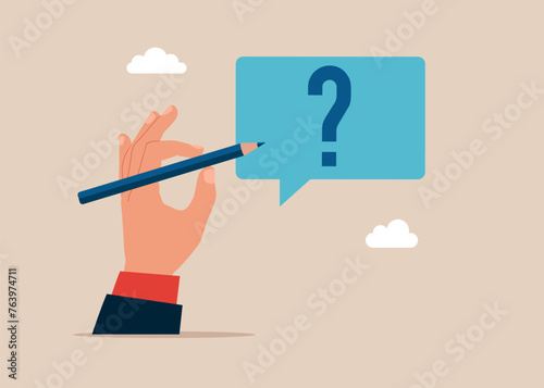 Businessman with pencil writing message or email on speech bubble question mark sign. Flat vector illustration.