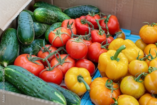 fresh organic tomatoes  peppers  and cucumbers displayed in a delivery box