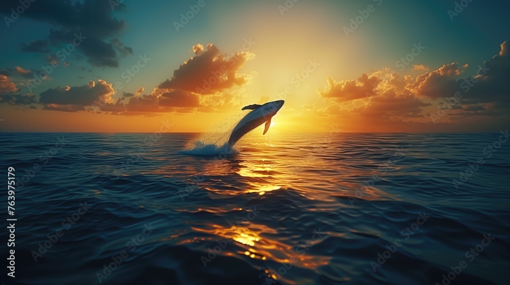 whale leaping out of the ocean, flashing, gold, blue and gold combination, whale diving in the ocean at sunset. generative AI - obrazy, fototapety, plakaty 