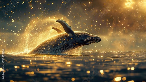 Fototapeta Naklejka Na Ścianę i Meble -  whale leaping out of the ocean, flashing, gold, blue and gold combination, whale diving in the ocean at sunset. generative AI