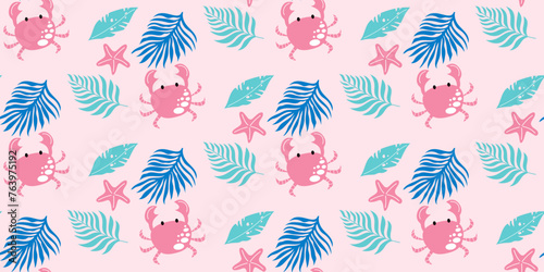 Tropical pattern with crab, palm leaves and starfish on pink background. Vector seamless design.