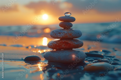 Stack of pebble stones on the beach at sunset. Zen concept, stacking in balance glass stones on beach at sunset. generative AI