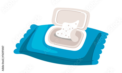 An open pack of wet wipes. Vector napkins pack. Wet tissue wipes in a blue pack. An isolated hygiene item, a flat illustration of hygiene products. An open pack