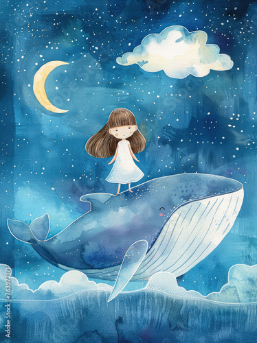 Dziewczynka na grzbiecie wieloryba - ilustracja, akwarela