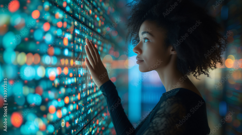 Woman interacting with digital or virtual screens of data, information, analysis. Technology concept, big data, augmented reality, digital life, futuristic.... Woman interacting with digital or virtual screens of data, information, analysis. Technology concept, big data, augmented reality, digital life, futuristic....