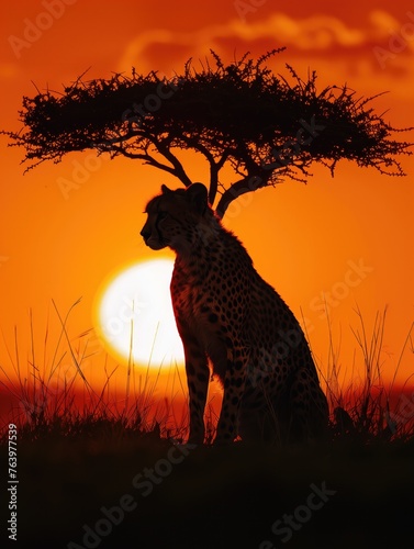 cheetah at the sunset in the savana, cheetah at golden hour, generative AI