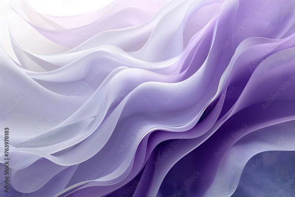 A light background serves as the backdrop for a dynamic composition of sheer purple fabric waves, characterized by their translucent, airy texture. - obrazy, fototapety, plakaty 