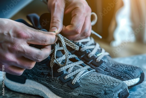 closeup on hands tying laces on finished sneakers