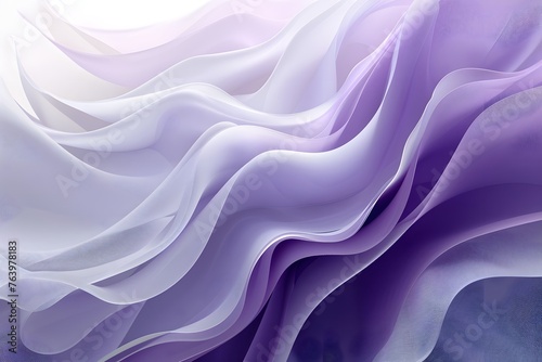 A light background serves as the backdrop for a dynamic composition of sheer purple fabric waves, characterized by their translucent, airy texture.