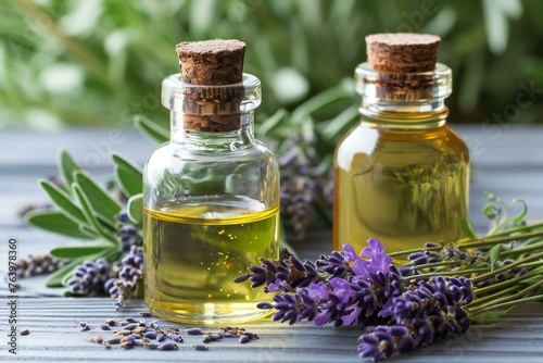 Lavender essential oil in a small bottle   Selective focus