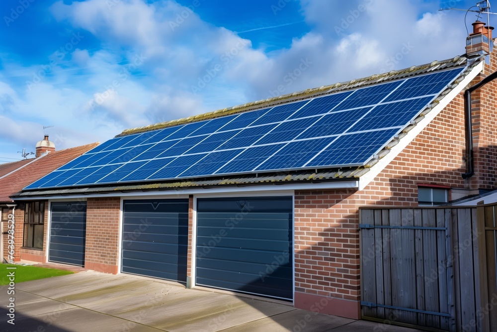 Fototapeta premium solar panels reflecting the blue sky on a garages pitched roof