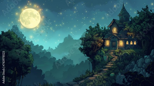 a house on a hill with trees and a moon