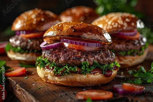 Handcrafted gourmet burgers with fresh ingredients on wooden surface