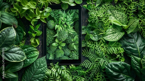 Innovative marketing data for an ecofriendly product displayed on a tablet, surrounded by greenery and copy space , vibrant
