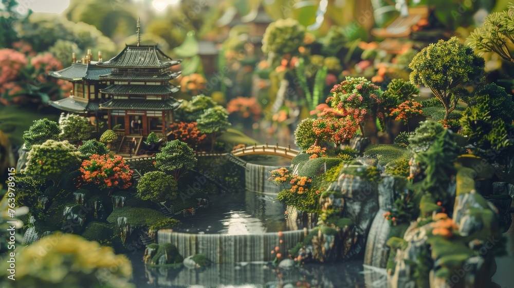 a model of a building and a waterfall
