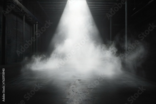 Foggy industrial interior, Dark room with smoke and light