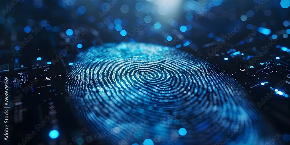 Advanced Security and Surveillance: Fingerprint Scanner Utilizes Cutting-Edge Technology to Access Financial Data. Concept Biometric Authentication, Fraud Prevention, Secure Transactions - obrazy, fototapety, plakaty 