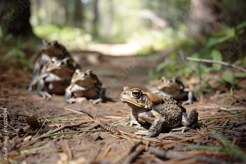group of toads hopping across a forest trail