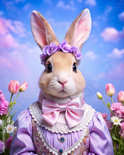 An anthropomorphic easter bunny in a vintage dress with a big pink bow against a bright sky.